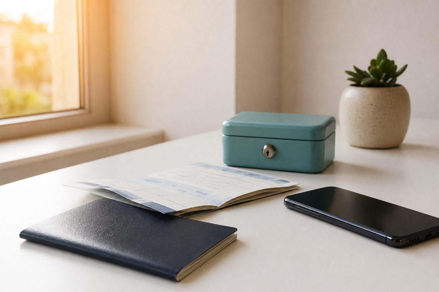 Passport and phone on a white desk beside a small teal lockbox