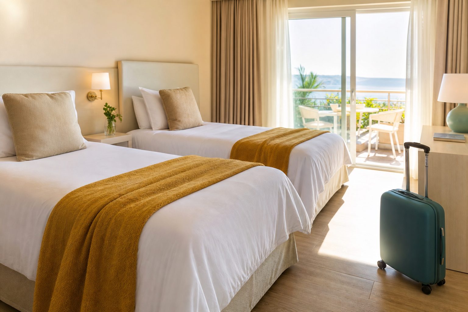Bright hotel room with two twin beds, a folded ochre throw and a teal suitcase