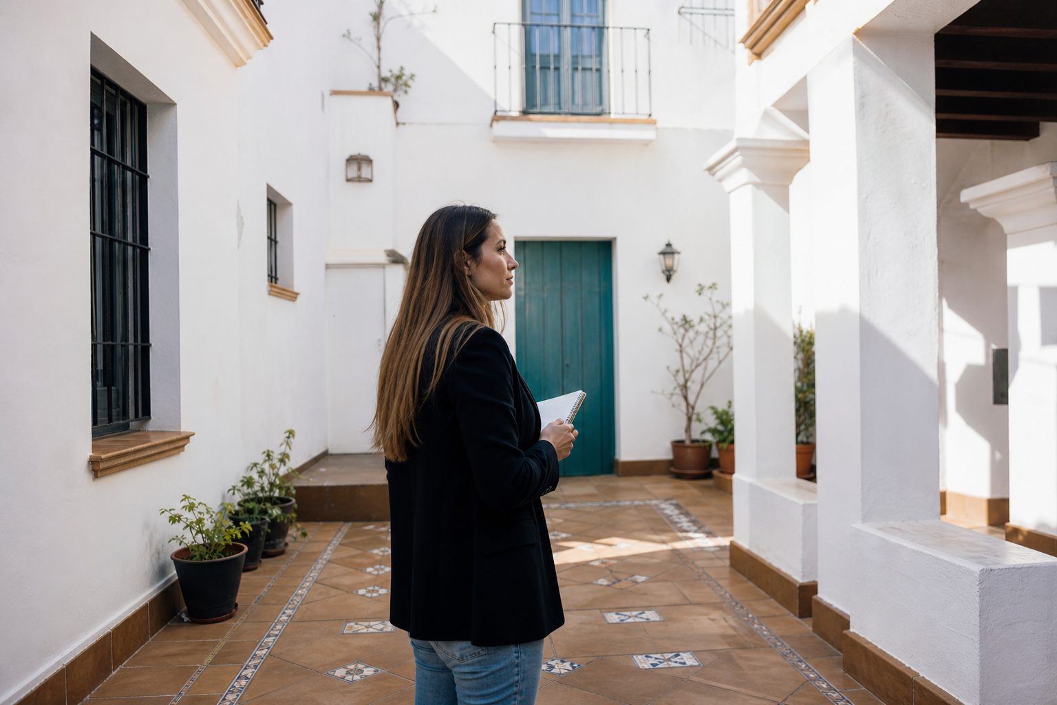 Woman with a notebook inspecting a bright whitewashed hotel courtyard