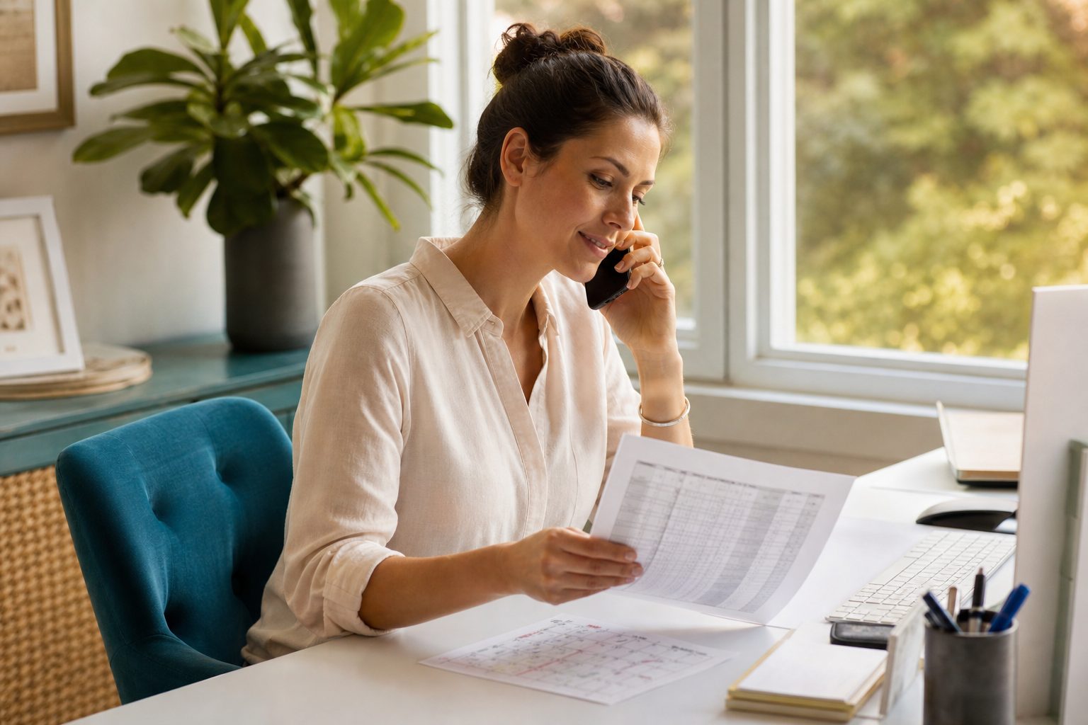 Trip organizer on a phone call at a bright home office desk with a printed roster