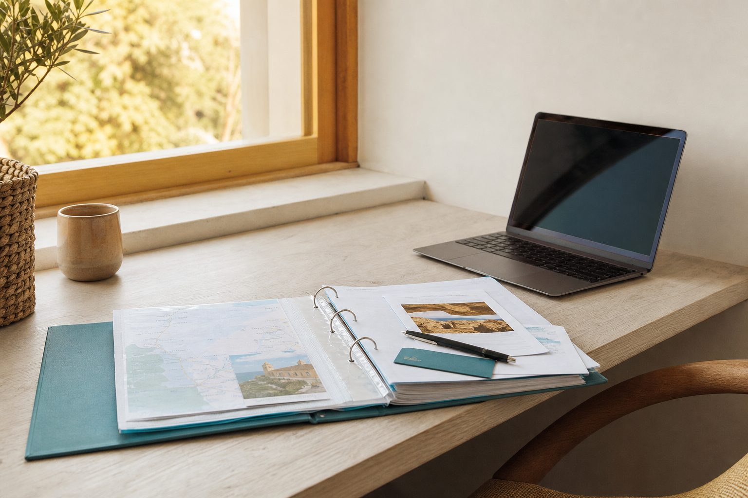 Open binder of travel business paperwork and laptop on a pale wood table by a window