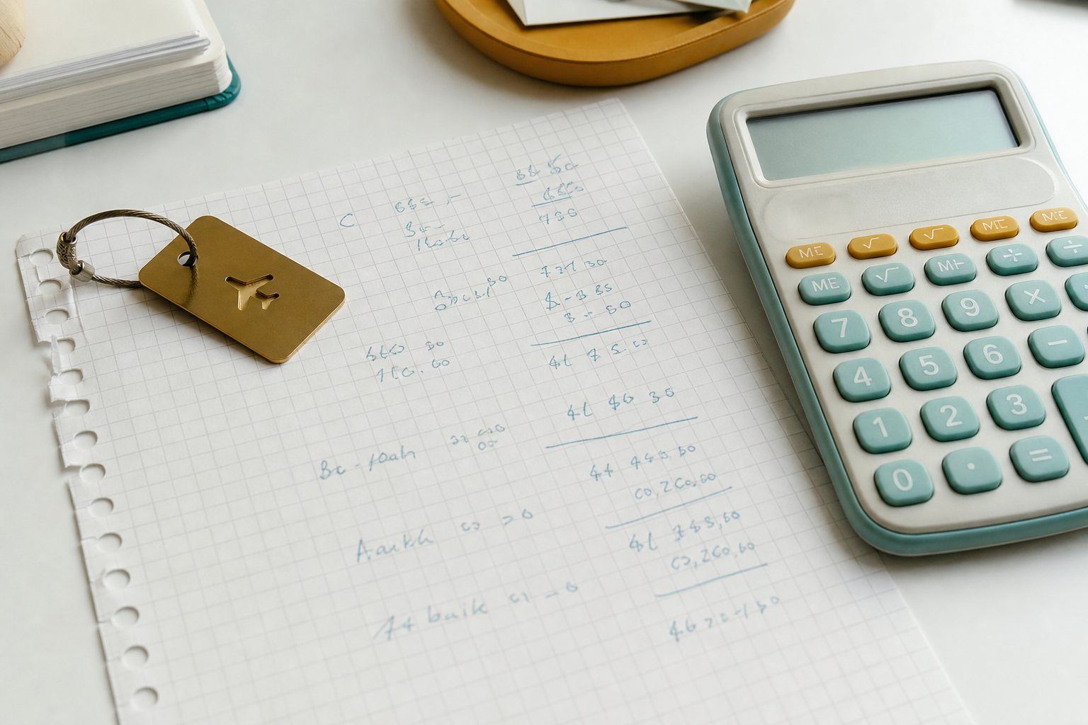 Handwritten trip cost breakdown on graph paper beside a calculator and luggage tag
